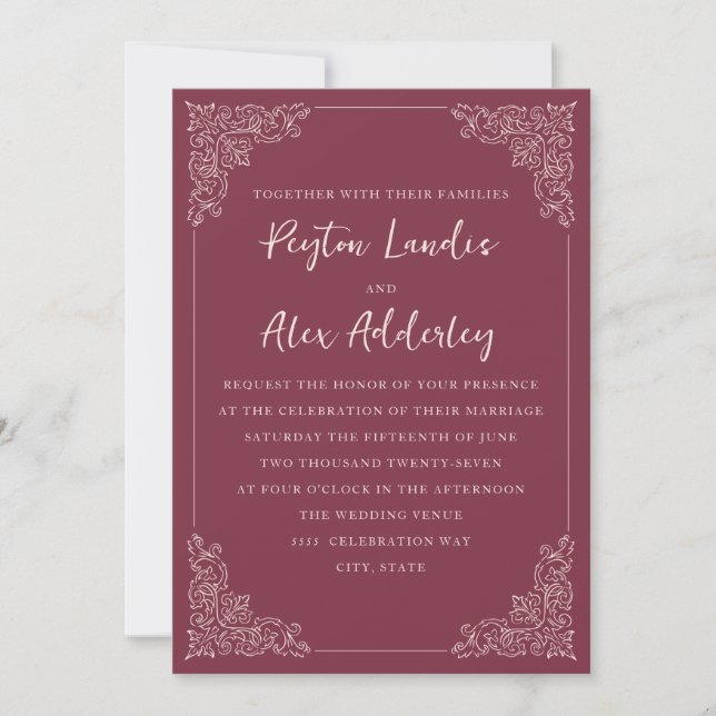 Elegant Vintage Burgundy Berry Wedding Invitation (Front)