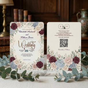 Elegant Vintage Burgundy Floral Modern QR Code  Invitation