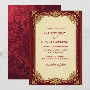 Elegant Vintage Burgundy red and Gold  Wedding Invitation
