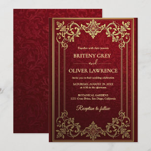 Elegant Vintage Burgundy red and Gold  Wedding Invitation