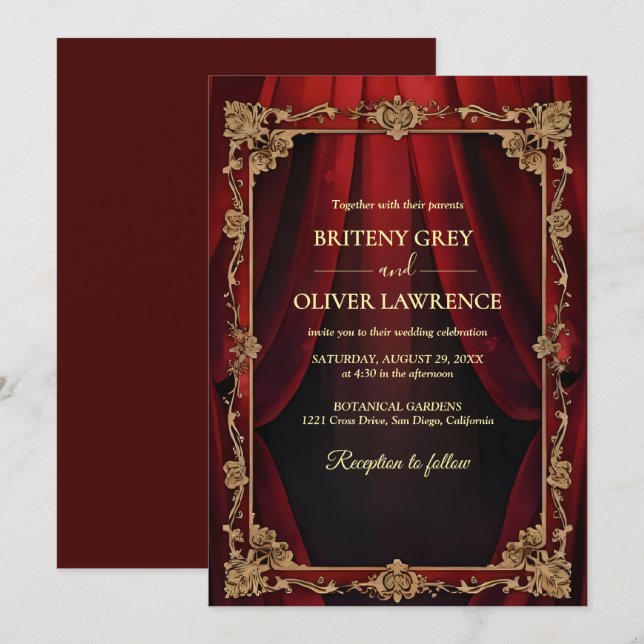Elegant Vintage Burgundy red and Gold  Wedding Invitation (Front/Back)