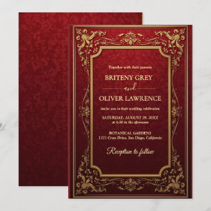 Elegant Vintage Burgundy red and Gold  Wedding Invitation