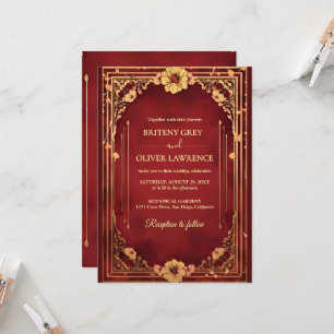 Elegant Vintage Burgundy red and Gold  Wedding Invitation