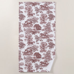 Elegant Vintage Burgundy Red White Horses Toile  Beach Towel