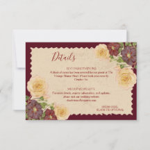 Elegant Vintage Burgundy Wedding Details Card
