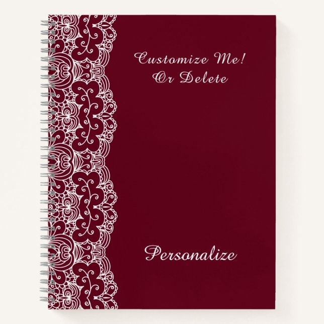 Elegant Vintage Burgundy White Lace Personalized Notebook (Front)
