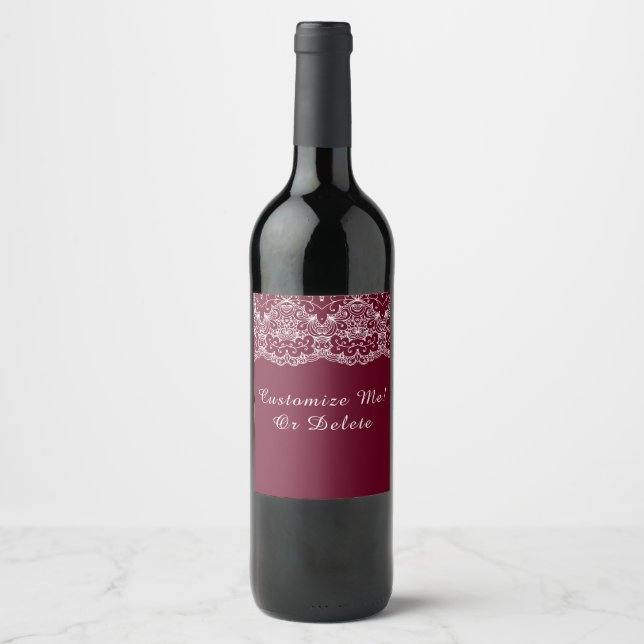 Elegant Vintage Burgundy White Lace Personalized Wine Label (Front)