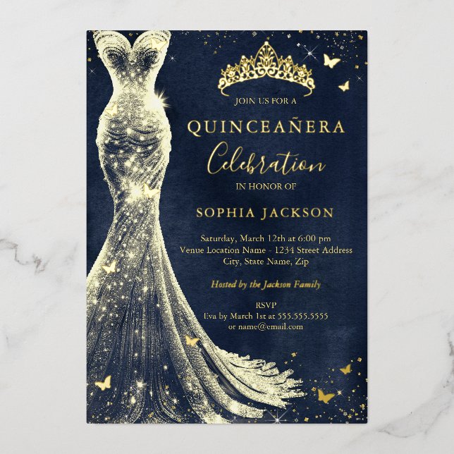 Elegant Vintage Butterfly Navy Gold Quinceanera (Front)