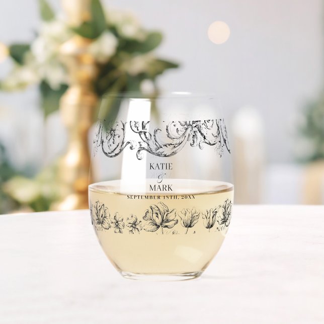 Elegant Vintage Calligraphy Script Wedding  Stemless Wine Glass (Insitu (Wedding))