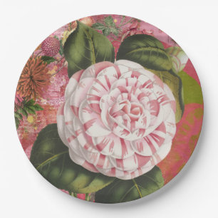 Elegant Vintage Camellia Floral Collage Paper Plate