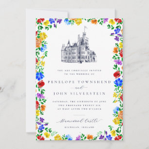 Elegant Vintage Castle Rainbow Floral Wedding Invitation