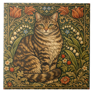 Elegant vintage cat floral botanical tile