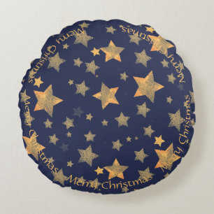 Elegant Vintage Chic Blue Gold Christmas Stars Round Pillow
