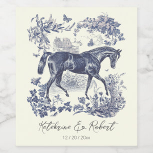 Elegant Vintage Chic Blue Horse Toile Wedding Wine Label
