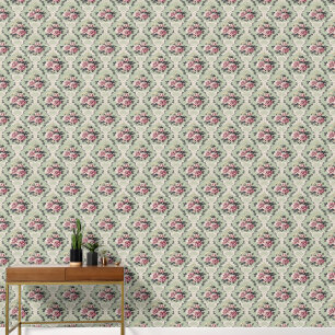 Elegant Vintage Chic Pink Rose on Sage Wallpaper