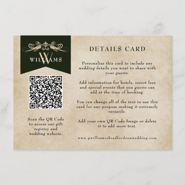 Elegant Vintage Chic QR Code Wedding Card Insert (Front)
