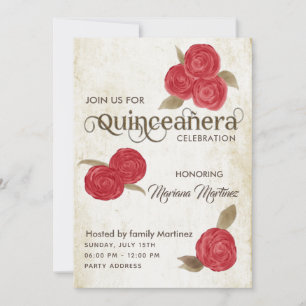 Elegant vintage chic watercolor red roses Quince Invitation