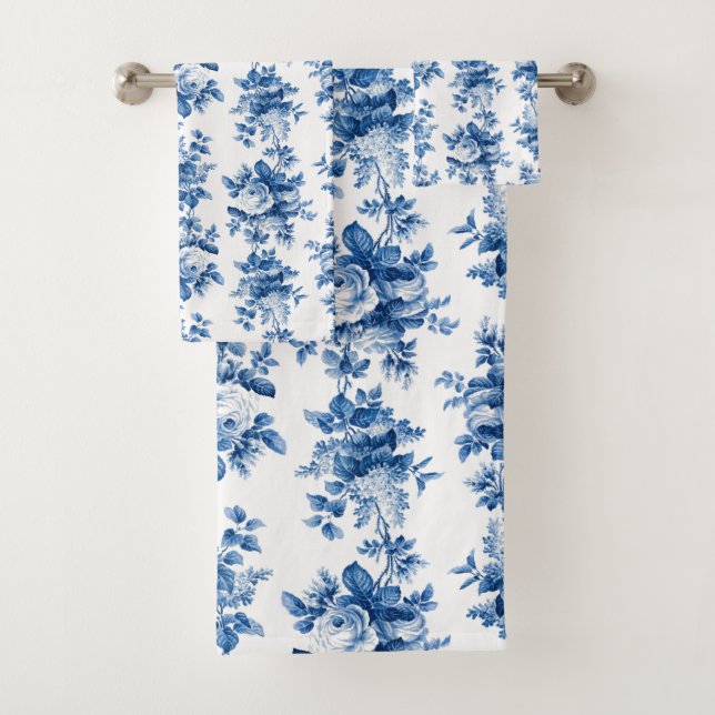 Elegant Vintage China Blue Roses Bath Towel Set (Insitu)