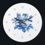Elegant Vintage China Blue Roses Large Clock<br><div class="desc">Elegant and chic romantic painterly china blue vintage roses and foliage on clean white background with customizable numerals.</div>