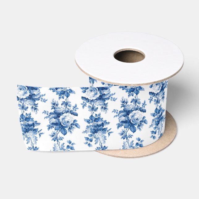 Elegant Vintage China Blue Roses Satin Ribbon (Spool)