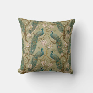 Elegant Vintage Chinoiserie Peacocks & Peonies Throw Pillow