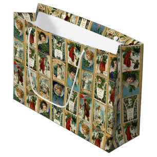 Elegant Vintage Christmas Cards w/Gold Borders Large Gift Bag