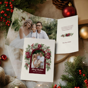 Elegant Vintage Christmas Floral Arch Photo Tri-Fold Card