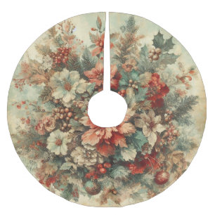 Elegant Vintage Christmas Flowers Brushed Polyester Tree Skirt