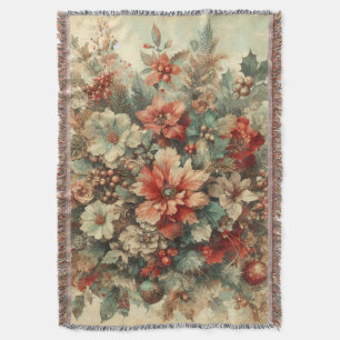 Elegant Vintage Christmas Flowers  Throw Blanket