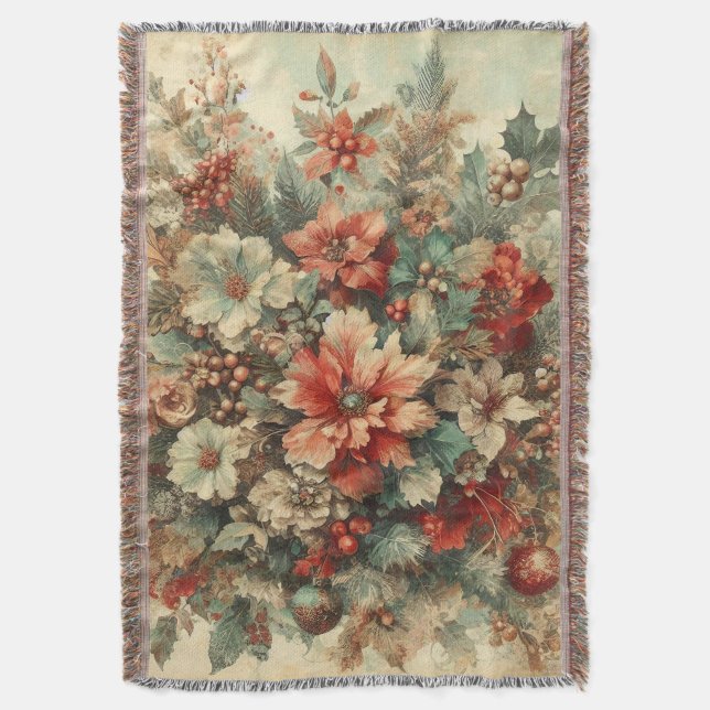 Elegant Vintage Christmas Flowers  Throw Blanket (Front Vertical)