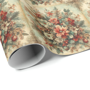 Elegant Vintage Christmas Flowers Wrapping Paper