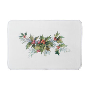 Elegant Vintage Christmas Holly and Pine Bath Mat