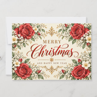 Elegant Vintage Christmas Poinsettia & Holly Holiday Card