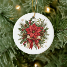 Elegant Vintage Christmas Poinsettia Holly Pine