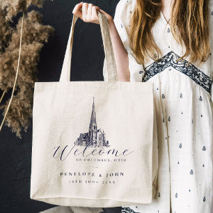 Elegant Vintage Church Illustration Wedding Tote Bag