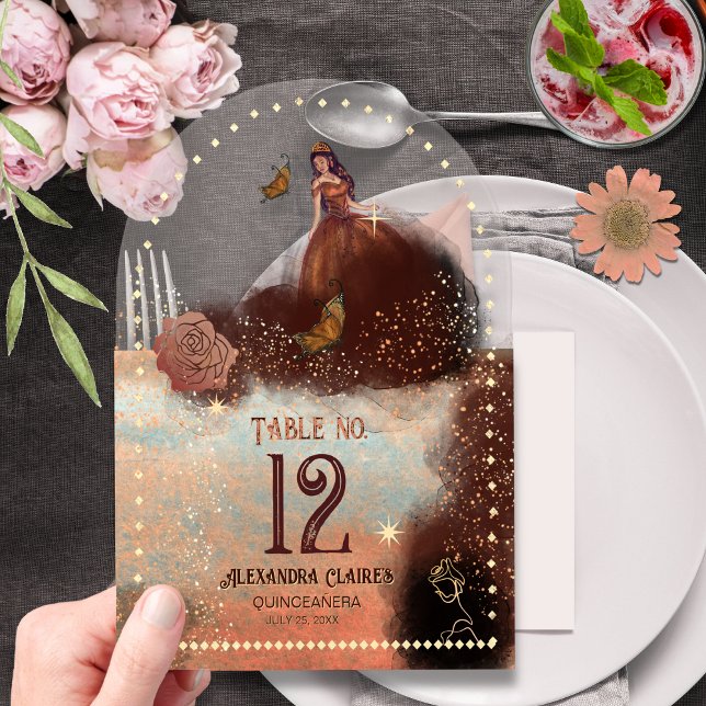 Elegant Vintage Copper Rose  Acrylic Table Number (Elegant Vintage Copper Rose Arched Acrylic Table Acrylic Invitations- close up)