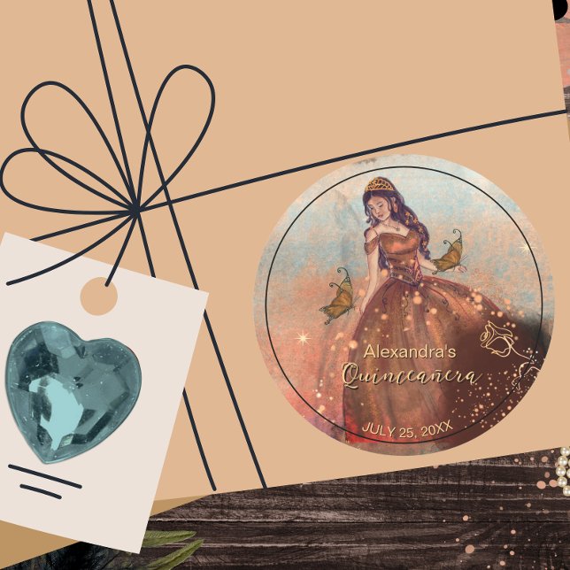 Elegant Vintage Copper Rose Quinceañera  Classic Round Sticker (Elegant Vintage Copper Rose Quinceañera Classic Round Sticker)