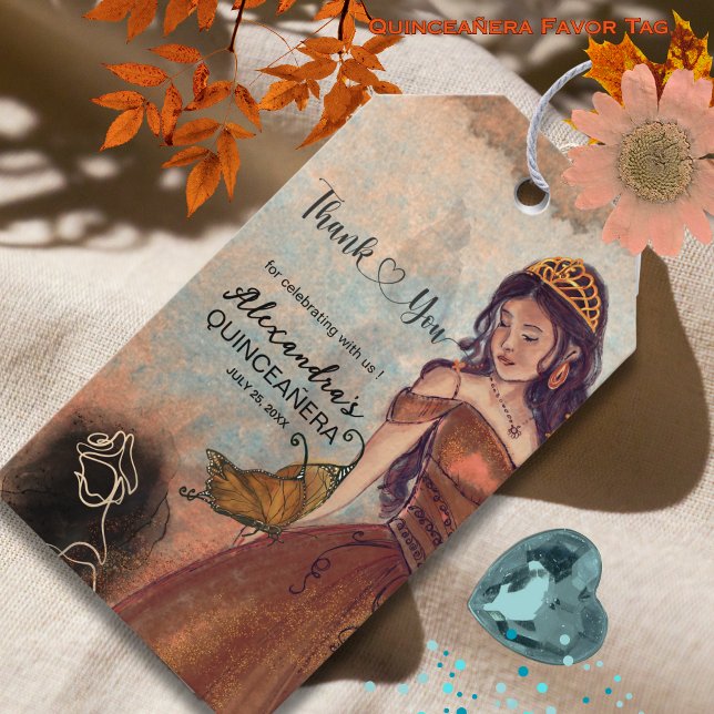 Elegant Vintage Copper Rose Quinceañera Favour Tag (Elegant Vintage Copper Rose Quinceañera Favor Tag)