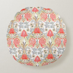 Elegant Vintage Coral Red Flowers Pattern Round Pillow