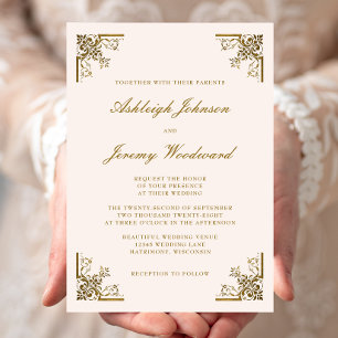 Elegant Vintage Corners Gold Script Blush Wedding Invitation
