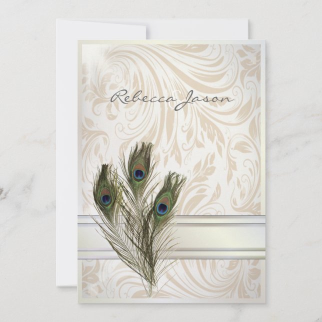 elegant vintage cream damask peacock wedding invitation (Back)
