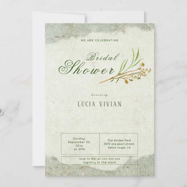 Elegant Vintage Cream Green Rustic Bridal Shower Invitation (Front)
