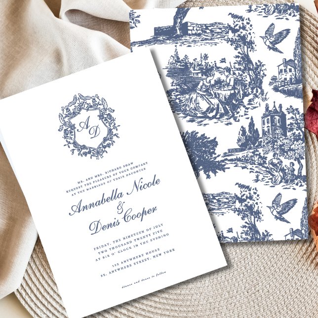 Elegant Vintage Crest Blue Toile Wedding  Invitation (Creator Uploaded)