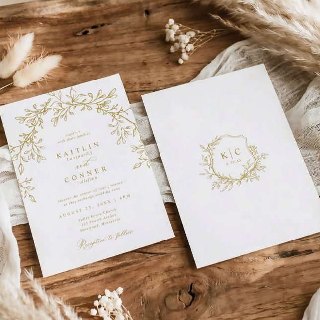 Elegant Vintage Crest Gold Botanical Wedding Invitation (Elegant wedding invitations - boho botanical crest in gold)