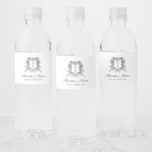 Elegant Vintage Crest Line Art Boho Wedding Water Bottle Label