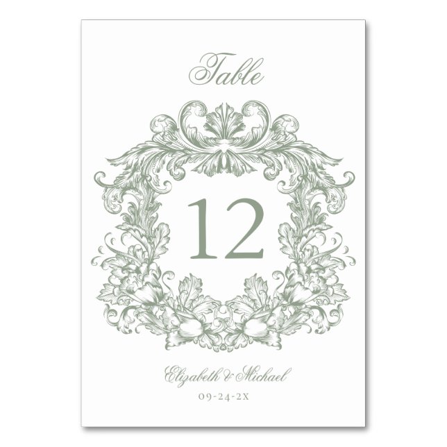 Elegant Vintage Crest Sage Green Wedding Table Number (Front)