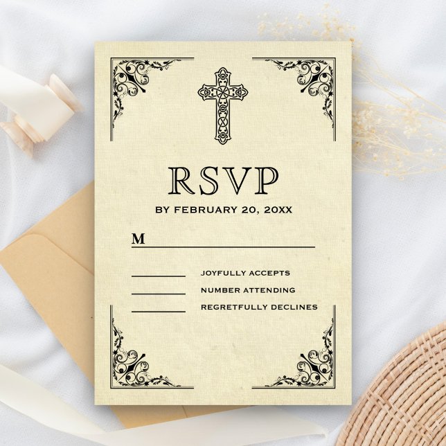 Elegant Vintage Cross Christian Wedding RSVP Card (Creator Uploaded)