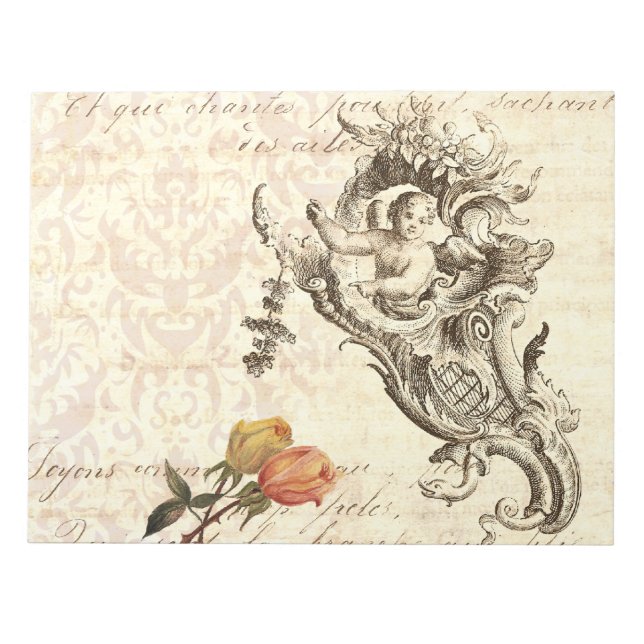 Elegant Vintage Cupid and Damask Baroque Design Notepad (Front)