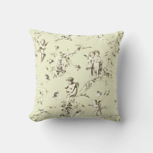 Elegant Vintage Cupid Angels Beige Floral Toile Throw Pillow