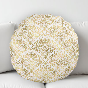 Elegant Vintage Damask Gold White Round Pillow